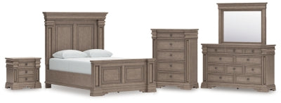 Cama Queen con paneles Blairhurst, tocador, espejo, cómoda y mesita de noche