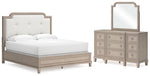 Cama King con paneles tapizados, tocador y espejo Jorlaina