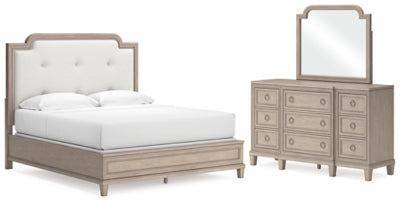 Cama King con paneles tapizados, tocador y espejo Jorlaina
