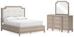 Cama tapizada Jorlaina California King con paneles, tocador y espejo