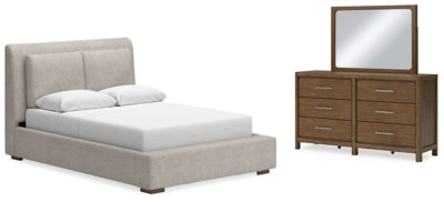 Cama tapizada Cabalynn Queen, tocador y espejo