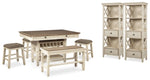 Mesa de comedor Bolanburg de altura de mostrador, 4 taburetes, banco y 2 vitrinas