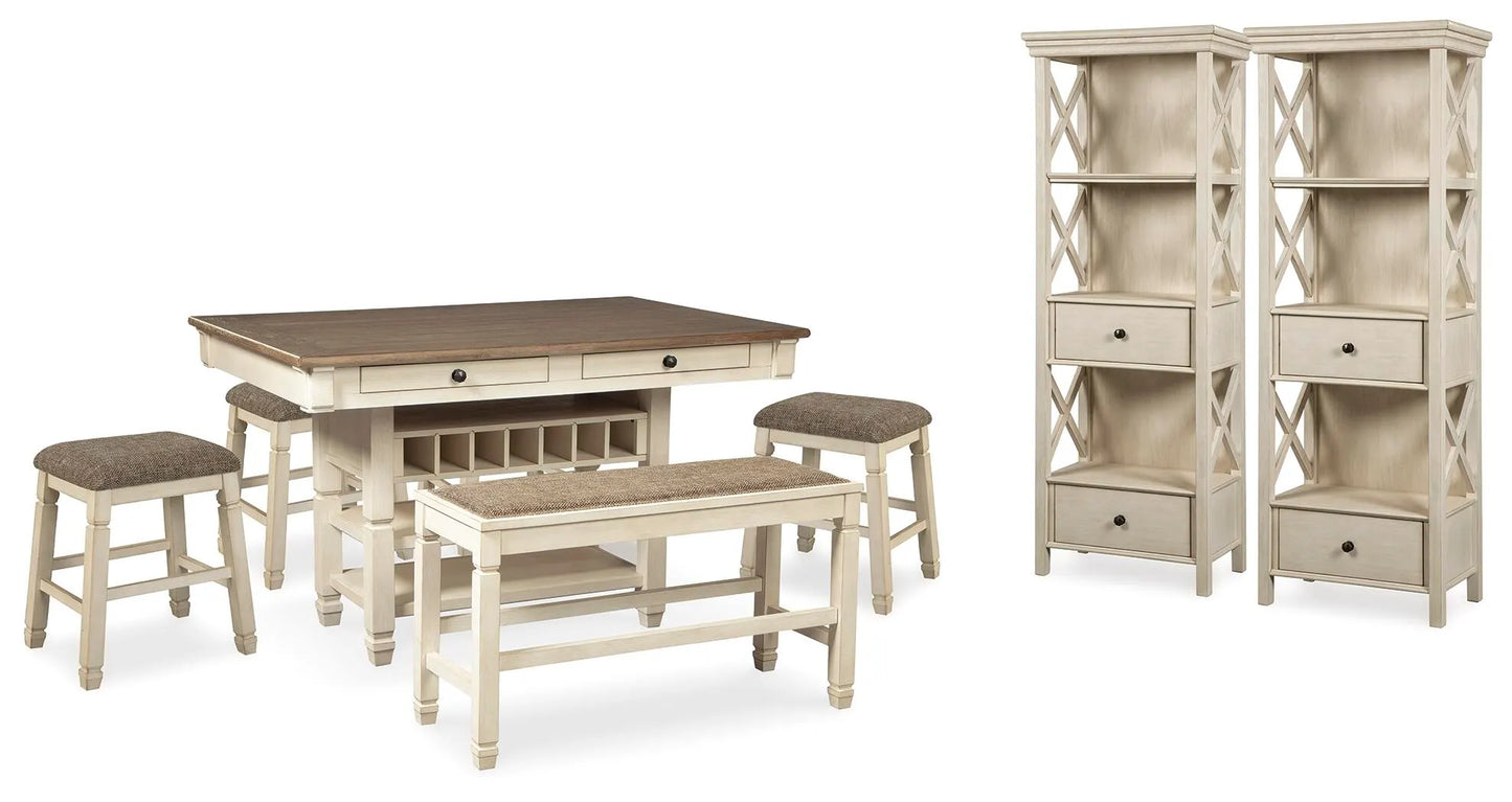 Mesa de comedor Bolanburg de altura de mostrador, 4 taburetes, banco y 2 vitrinas