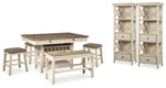 Mesa de comedor Bolanburg de altura de mostrador, 4 taburetes, banco y 2 vitrinas