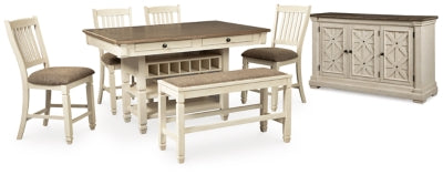 Mesa de comedor Bolanburg de altura de mostrador, 4 taburetes, banco y servidor