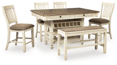 Mesa de comedor de altura de mostrador Bolanburg, 4 taburetes y banco